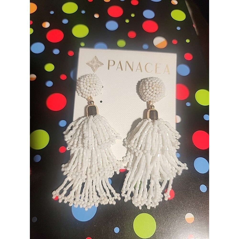Panacea White Beaded Tassel Earrings NEW 3" Long White Iridescent Glass Beads